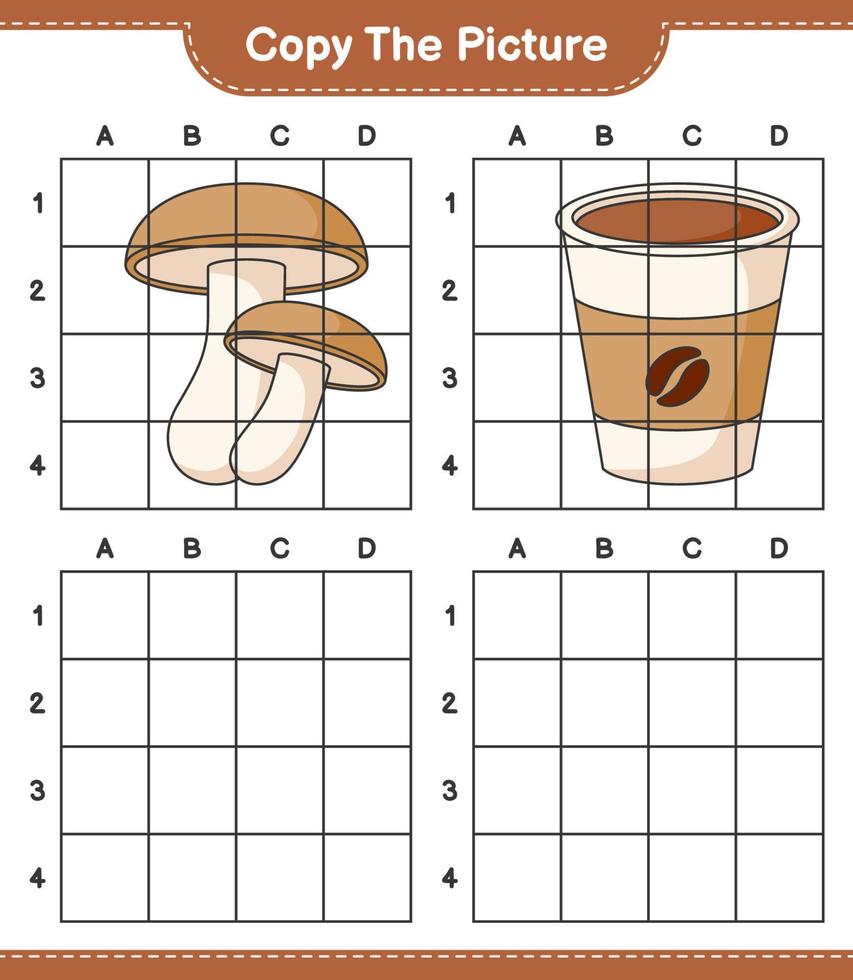 copiez l'image, copiez l'image du shiitake et de la tasse de café en utilisant les lignes de la grille. jeu éducatif pour enfants, feuille de calcul imprimable, illustration vectorielle vecteur