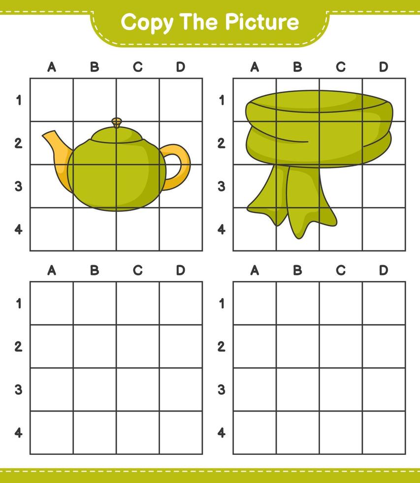 copiez l'image, copiez l'image de l'écharpe et de la théière en utilisant les lignes de la grille. jeu éducatif pour enfants, feuille de calcul imprimable, illustration vectorielle vecteur