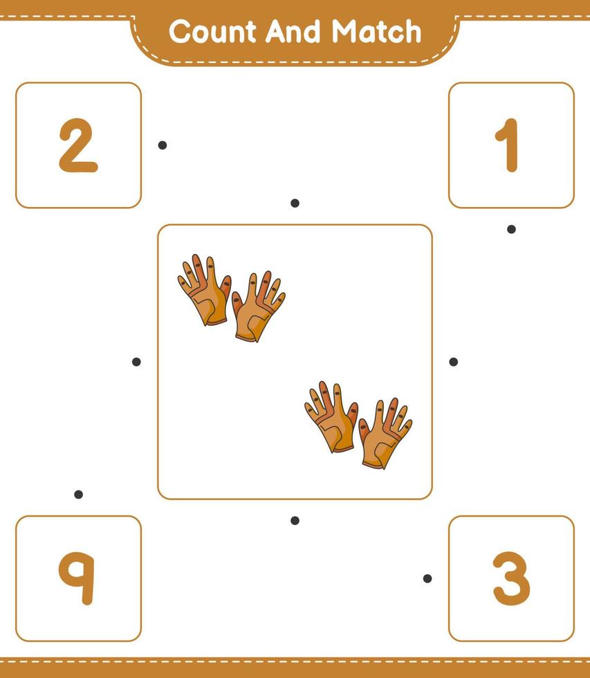 compter et faire correspondre, compter le nombre de gants de golf et faire correspondre les bons numéros. jeu éducatif pour enfants, feuille de calcul imprimable, illustration vectorielle vecteur