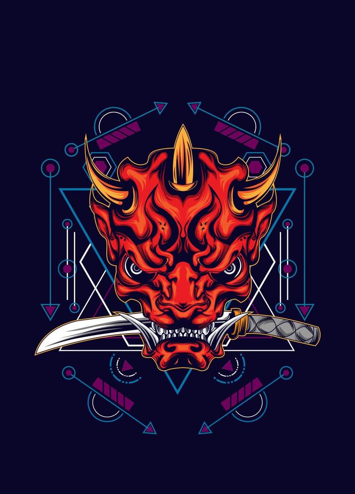 masque démon oni avec épée katana et motif de géométrie sacrée vecteur