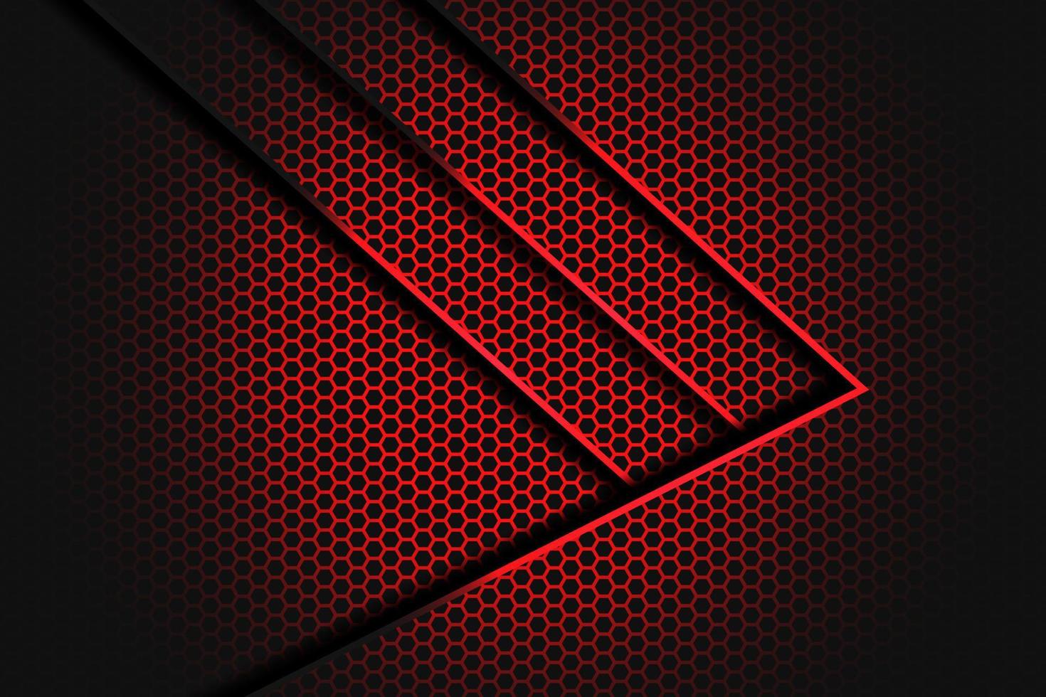 Chevauchement abstrait de la flèche de la ligne de lumière rouge sur le noir avec fond de maille hexagonale vecteur