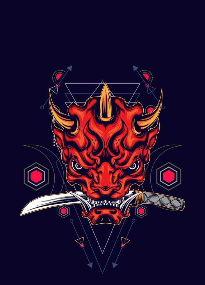 masque démon oni avec épée katana et motif de géométrie sacrée vecteur