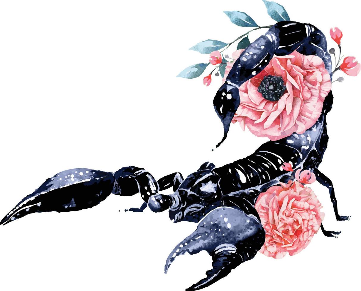 scorpion aquarelle avec fleurs épanouies. astrologie signe du zodiaque scorpion.animaux venimeux dangereux. vecteur