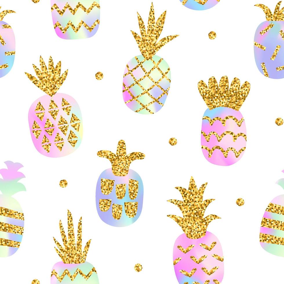 modèle sans couture d'ananas holographique avec texture de paillettes d'or. fond élégant créatif, dégradé tendance. illustration vectorielle vecteur