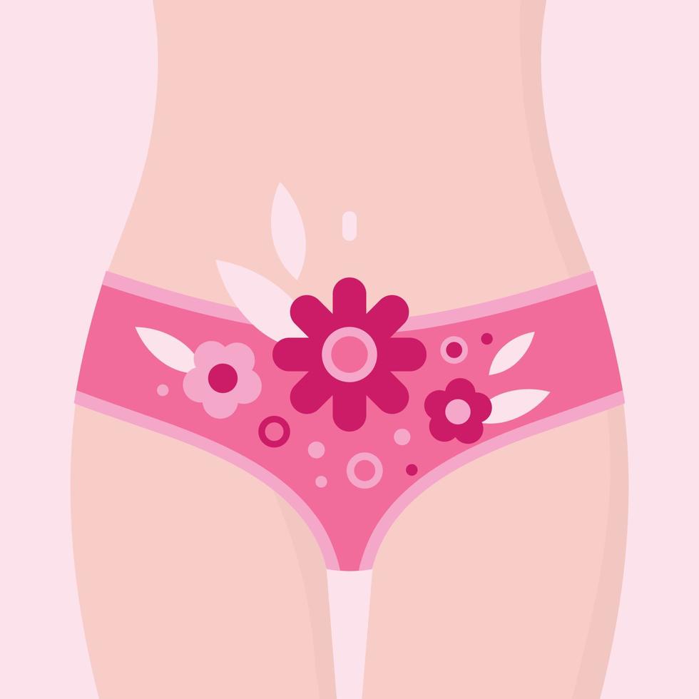 santé des femmes, fragment de corps en bikini avec des fleurs. menstruation, gynécologie et concept de santé génitale vecteur