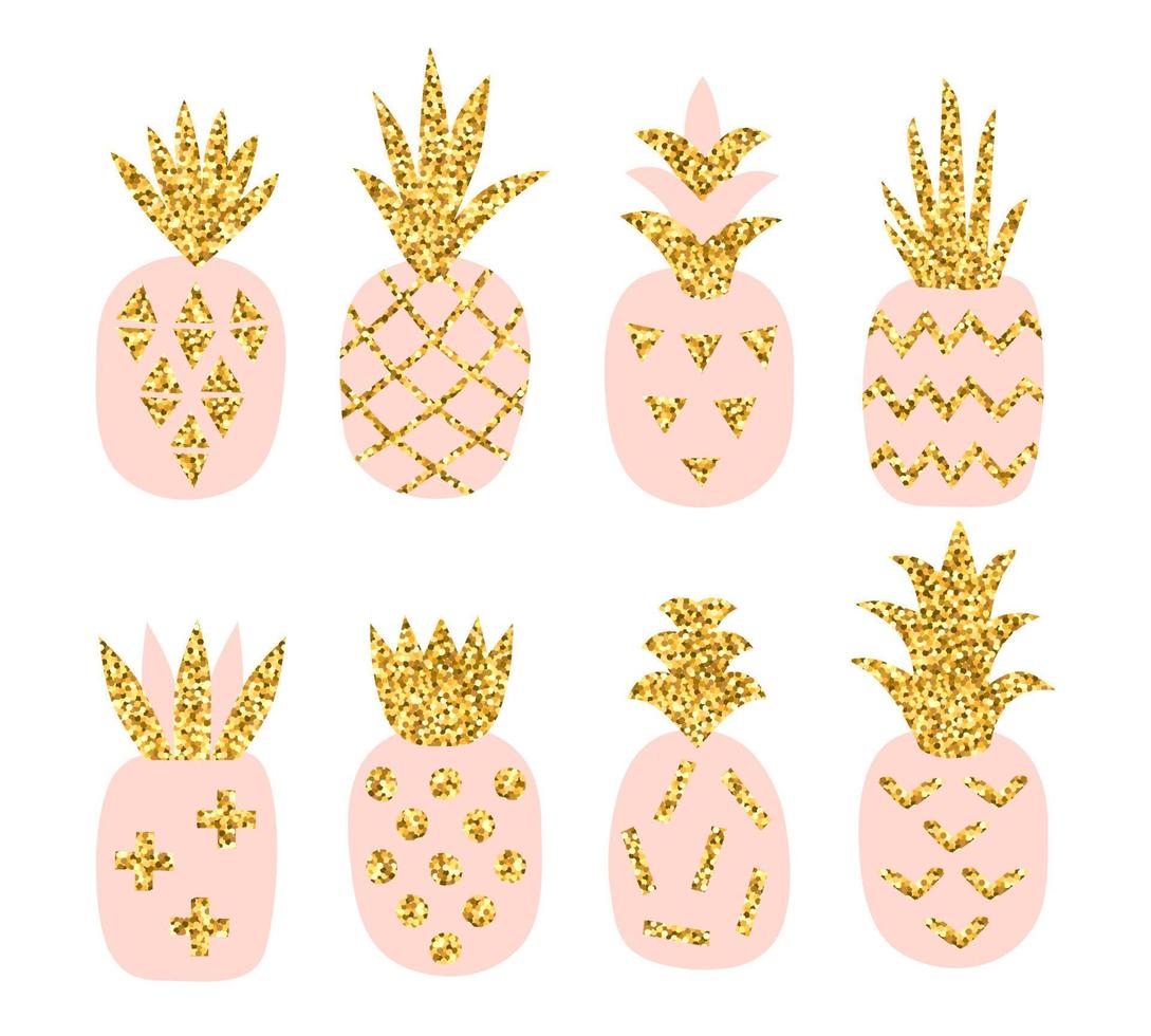 ensemble créatif de pineaoles roses avec texture de paillettes d'or. scandinave élégant imprimable avec ananas géométrique dessiné à la main. illustration vectorielle vecteur