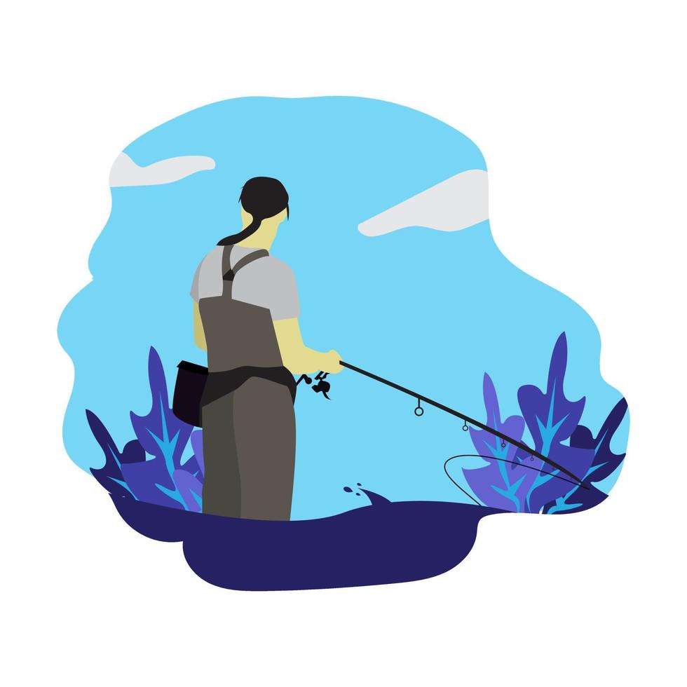 pêcheur avec une canne à pêche. sport de pêche, loisirs d'été en plein air, loisirs. illustration vectorielle. vecteur