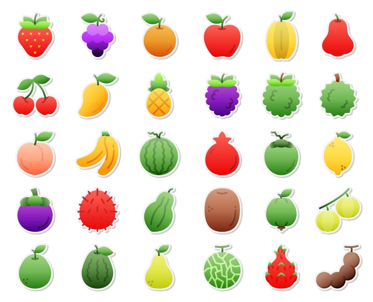 jeu d'icônes d'autocollant de fruits, vecteur, illustration. vecteur