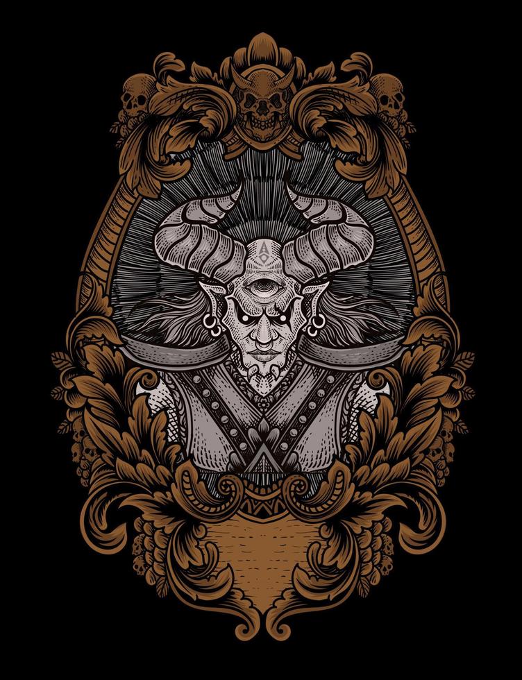 illustration badass démon avec gravure ornement vecteur