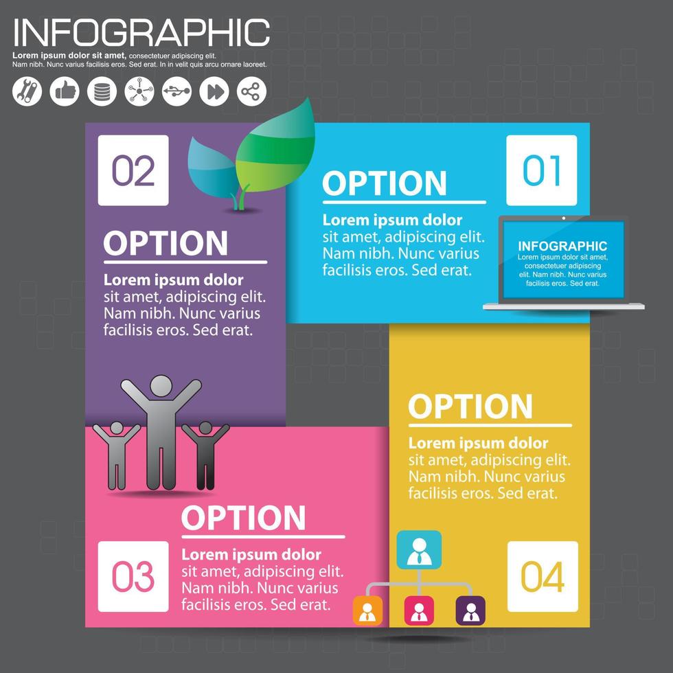 modèle de conception infographique et concept d'entreprise avec 4 options, pièces, étapes ou processus. peut être utilisé pour la mise en page du flux de travail, le diagramme, les options de nombre, la conception Web. vecteur