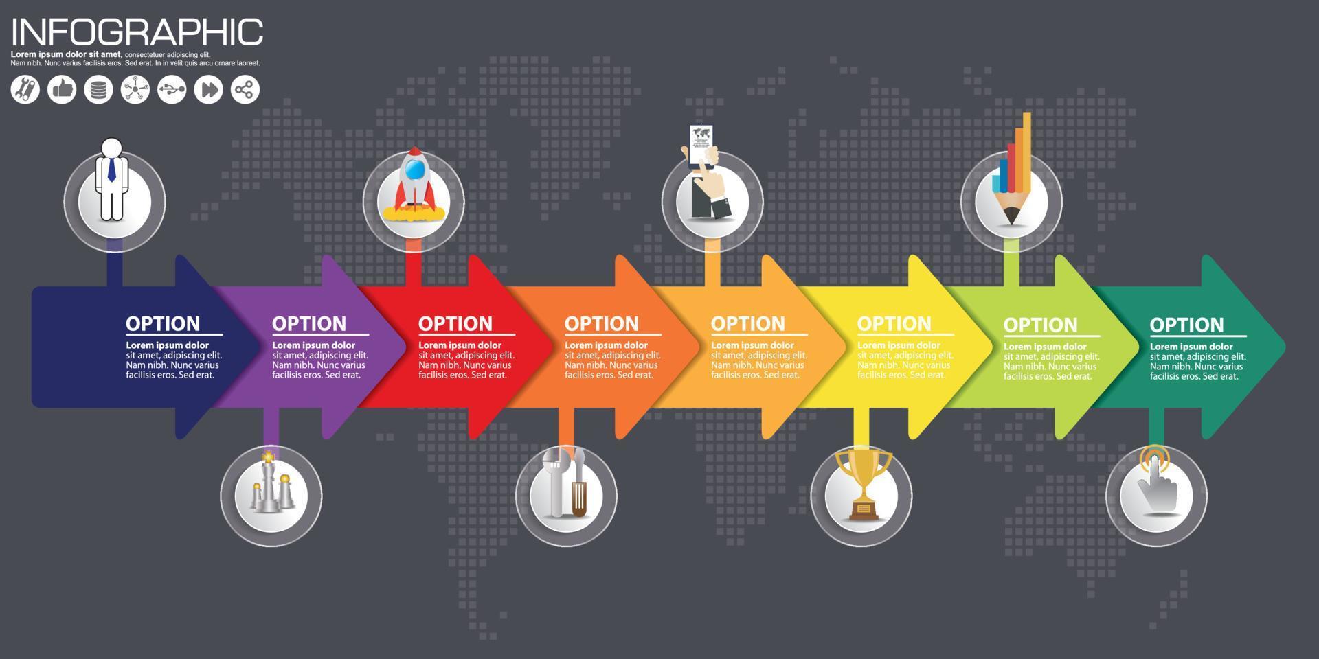 chronologie et flèche vecteur infographique. fond de carte du monde