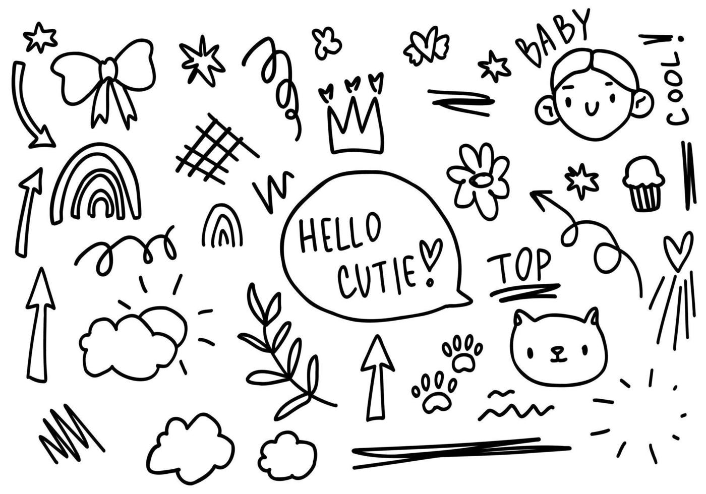 flèches de ligne de doodle, fleurs, enfant, animal de compagnie, texte, couronne. ensemble de croquis collection de lignes isolées mignonnes. vecteur