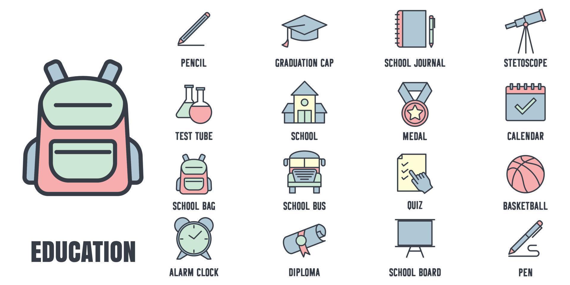 éducation et retour à l'école définir le modèle de symbole d'icône pour l'illustration vectorielle du logo de la collection de conception graphique et web vecteur