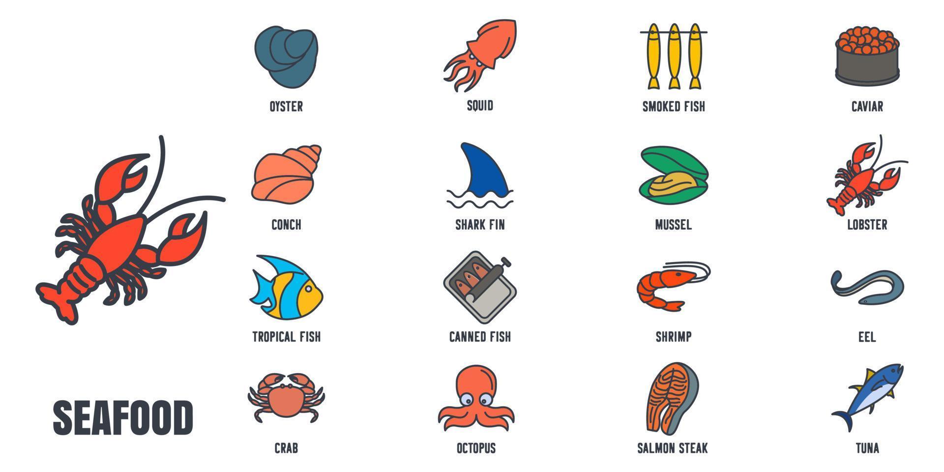 modèle de symbole d'icône de jeu de poisson et de fruits de mer pour illustration vectorielle de logo de collection de conception graphique et web vecteur