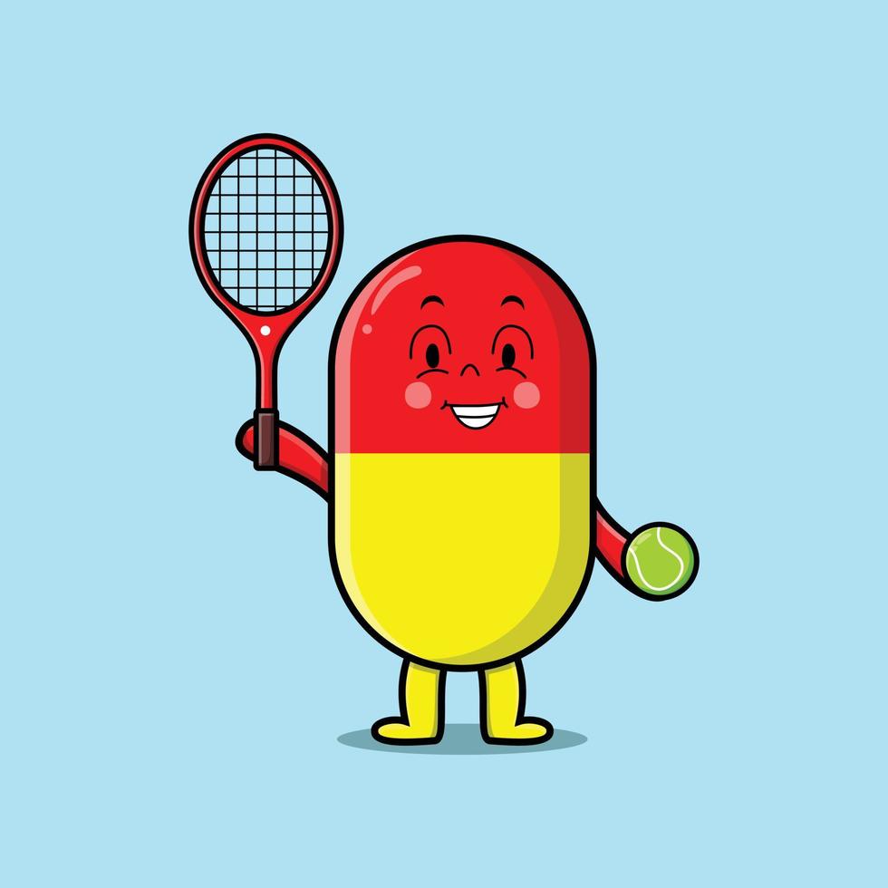 médecine de capsule de dessin animé mignon jouant au terrain de tennis vecteur