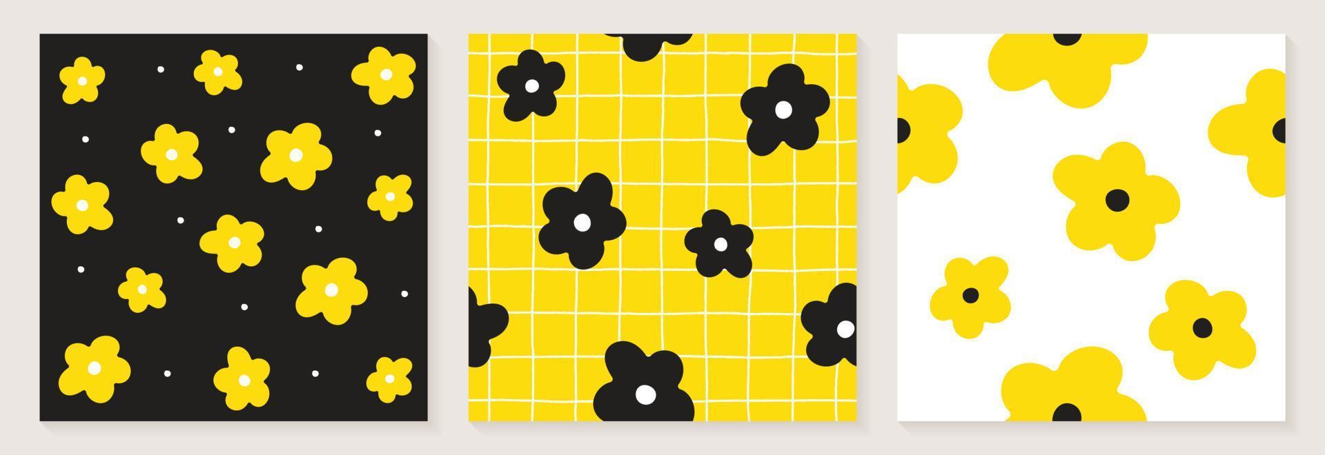 joli marguerite fleur blanc noir jaune couleur confettis plat stylé tissu textile quadrillage ligne chèque homogène patterns arrière-plan botanique prairie été printemps carte fixement collection ballot vecteur illustration