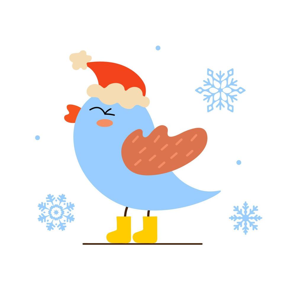 oiseau d'hiver mignon. birdie dans un chapeau de noël isolé sur fond blanc. chute de flocons de neige. illustration de dessin animé de vecteur plat.