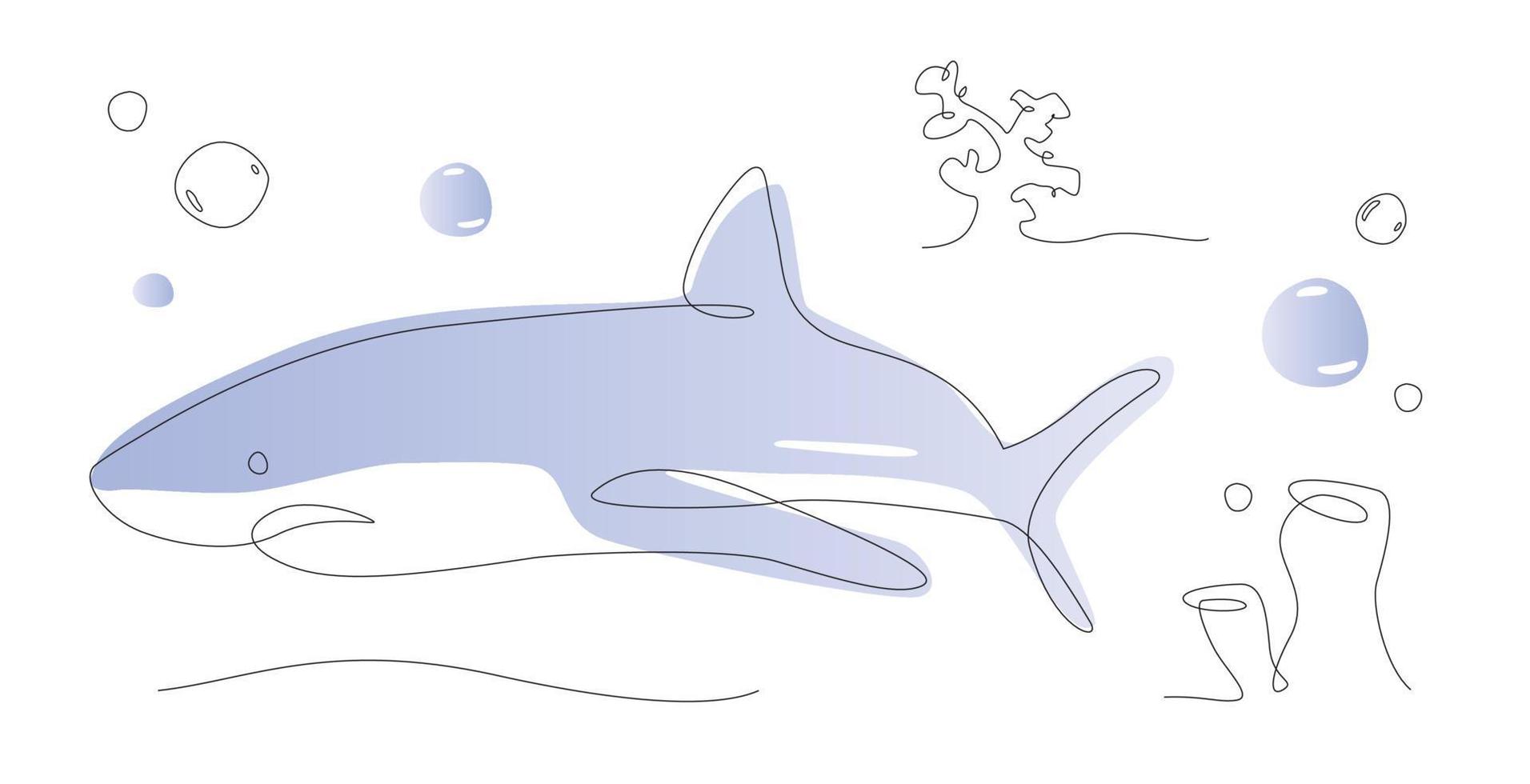 illustration de requin d'une ligne. vecteur d'art de ligne de requin de la vie marine. contour de poisson.