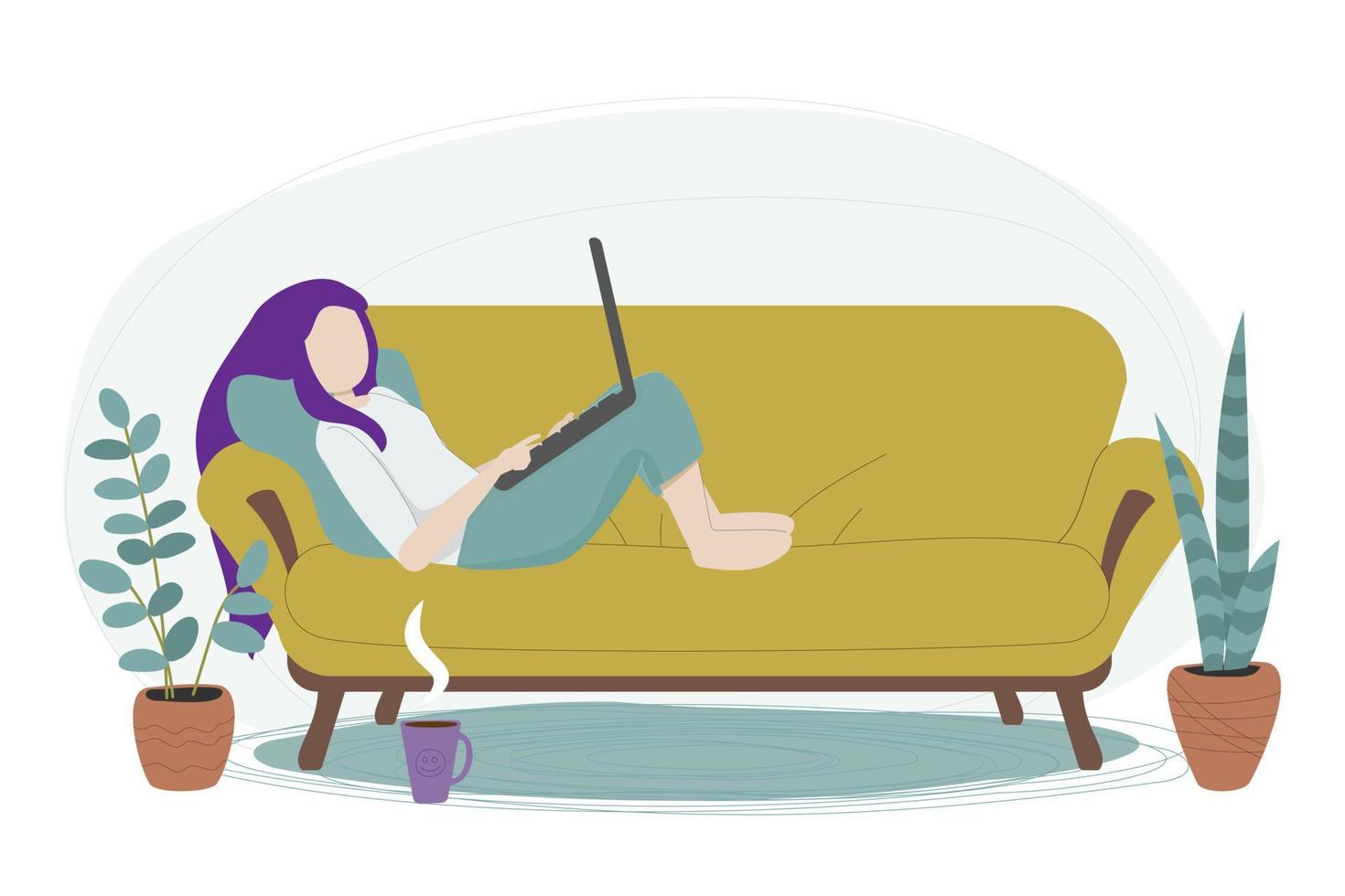 jeune femme travaillant sur un ordinateur portable et assise détendue dans un canapé confortable. communication sur les réseaux sociaux, détente en regardant un film ou concept de travail à distance. illustration vectorielle. vecteur