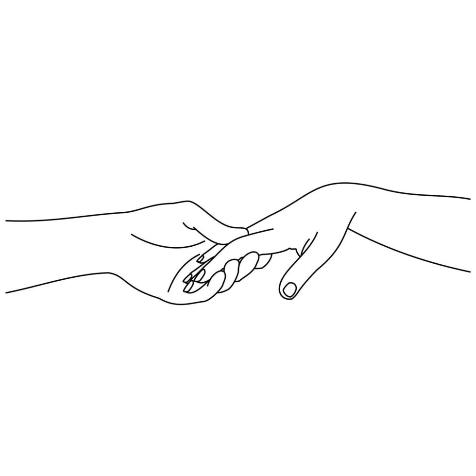 ligne d'illustration dessinant un gros plan d'une main masculine et féminine se tenant l'une l'autre. couple homme et femme au mariage main dans la main. mains du marié et de la mariée au jour du mariage isolés sur un blanc vecteur