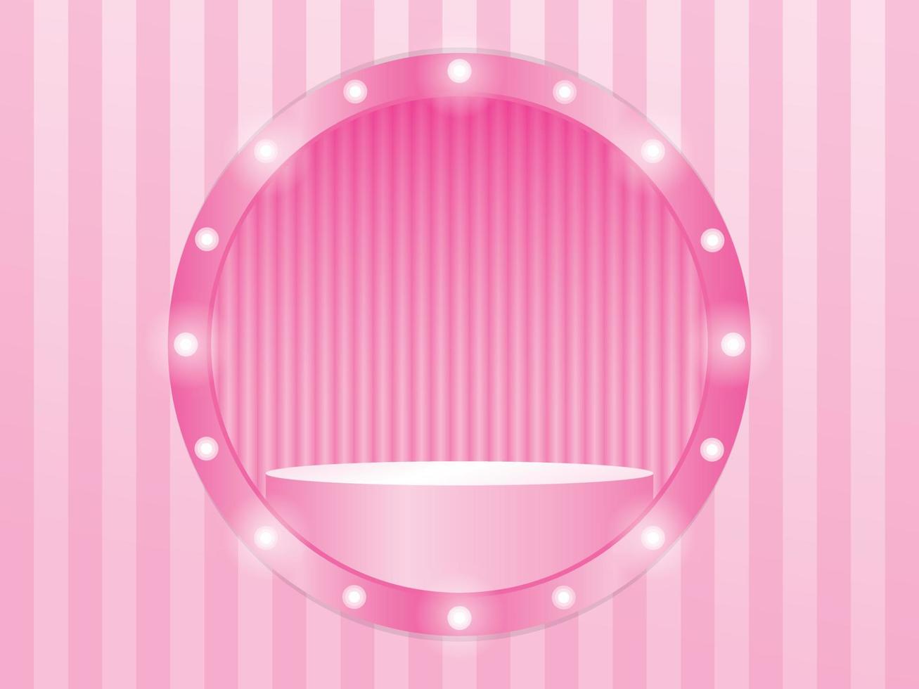 cadre d'affichage de fenêtre de cercle d'ampoule avec support de produit sur le vecteur d'illustration 3d de mur rayé rose pastel pour mettre votre objet