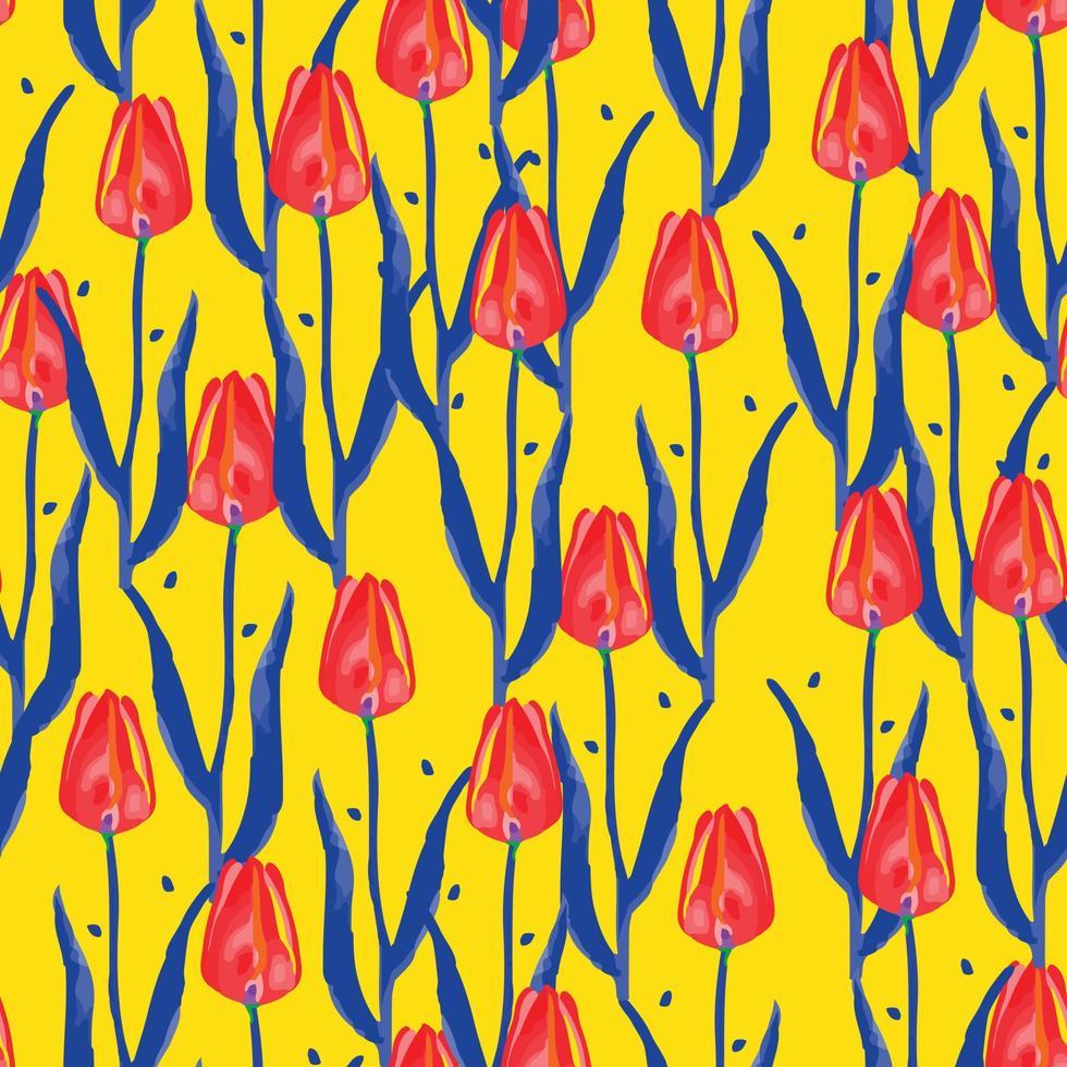 motif de fleurs de tulipes mélangées sans couture sur fond jaune, carte de voeux ou tissu vecteur