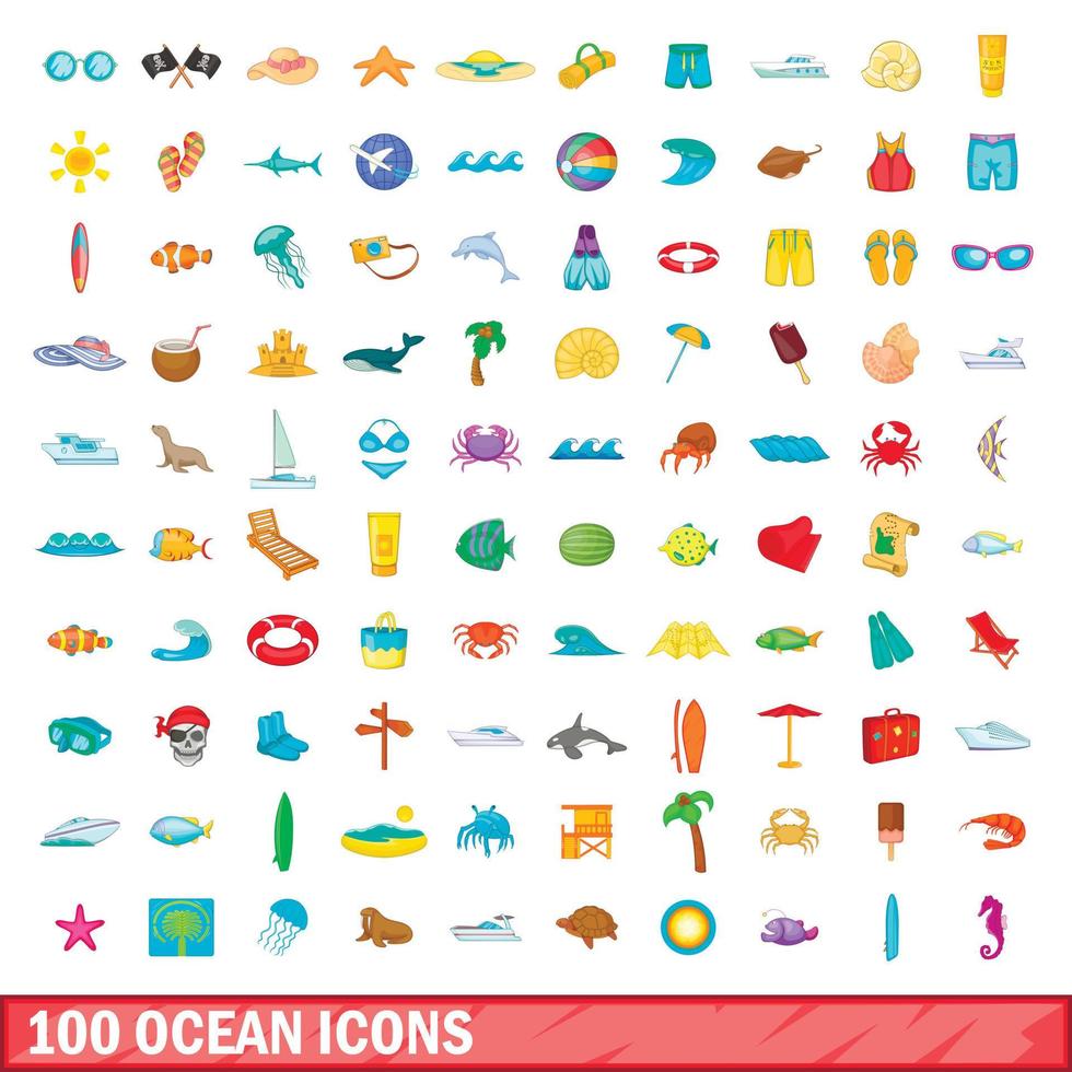 Ensemble de 100 icônes de l'océan, style cartoon vecteur