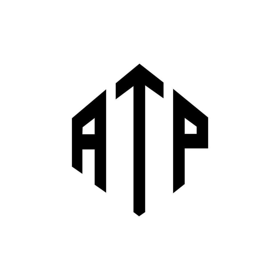 création de logo de lettre atp avec forme de polygone. création de logo en forme de polygone et de cube atp. modèle de logo vectoriel hexagone atp couleurs blanches et noires. monogramme atp, logo d'entreprise et immobilier.