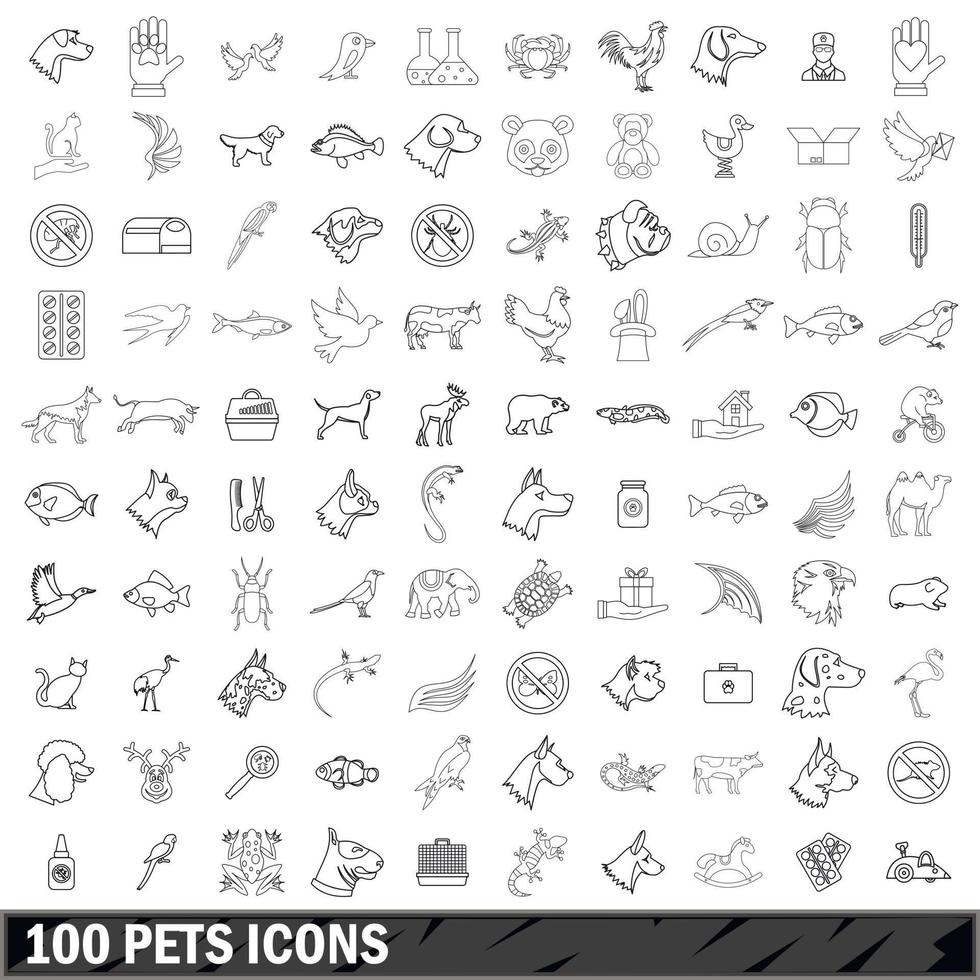 Ensemble d'icônes de 100 animaux de compagnie, style de contour vecteur
