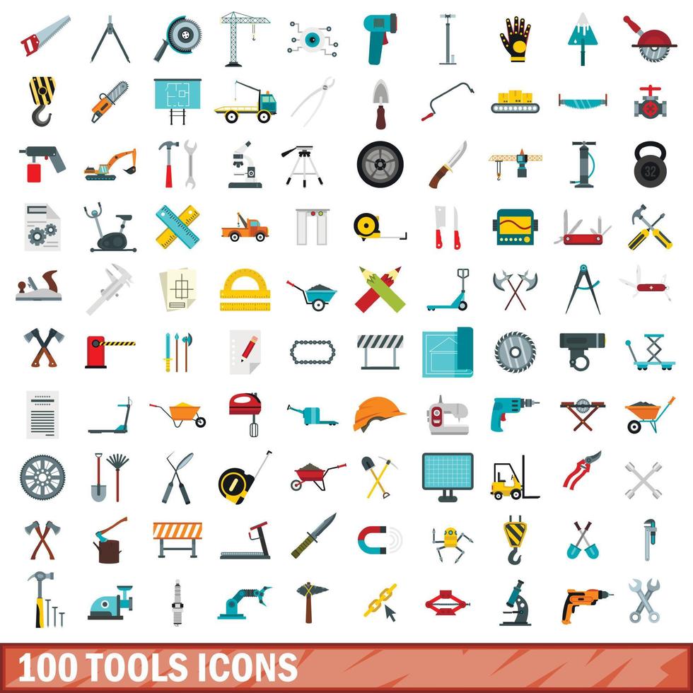 Ensemble de 100 icônes d'outils, style plat vecteur