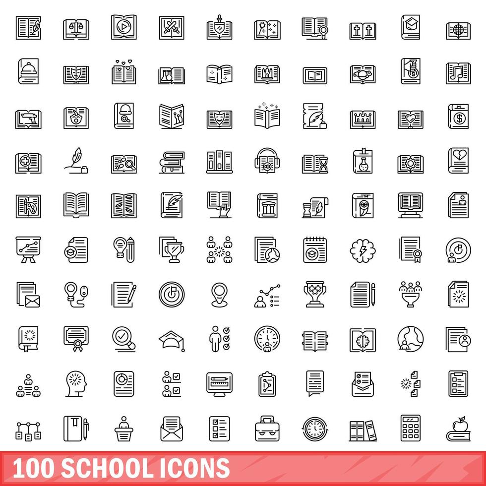 Ensemble de 100 icônes d'école, style de contour vecteur