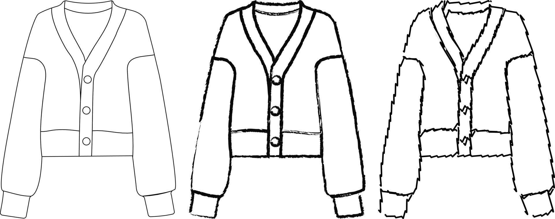 croquis de dessin, contour de la silhouette, veste pour femmes à la mode, pull. style de ligne et coups de pinceau vecteur