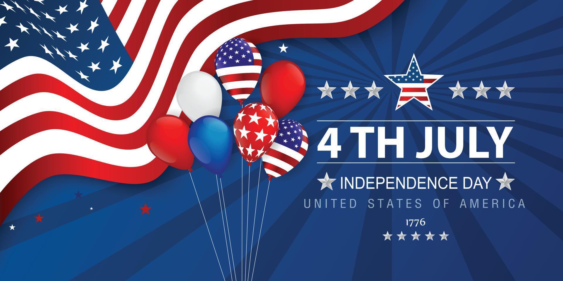Illustration vectorielle de la bannière du 4 juillet. fête de l'indépendance, drapeau américain avec le 4 juillet sur fond bleu. vecteur