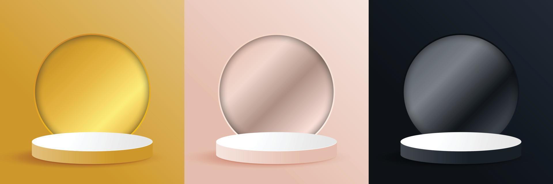 scène minimaliste pastel sertie de formes géométriques. or, rose, fond noir avec podium blanc belle bordure dorée 3d vecteur fond podium rendu produit cosmétique stand illustration 3d