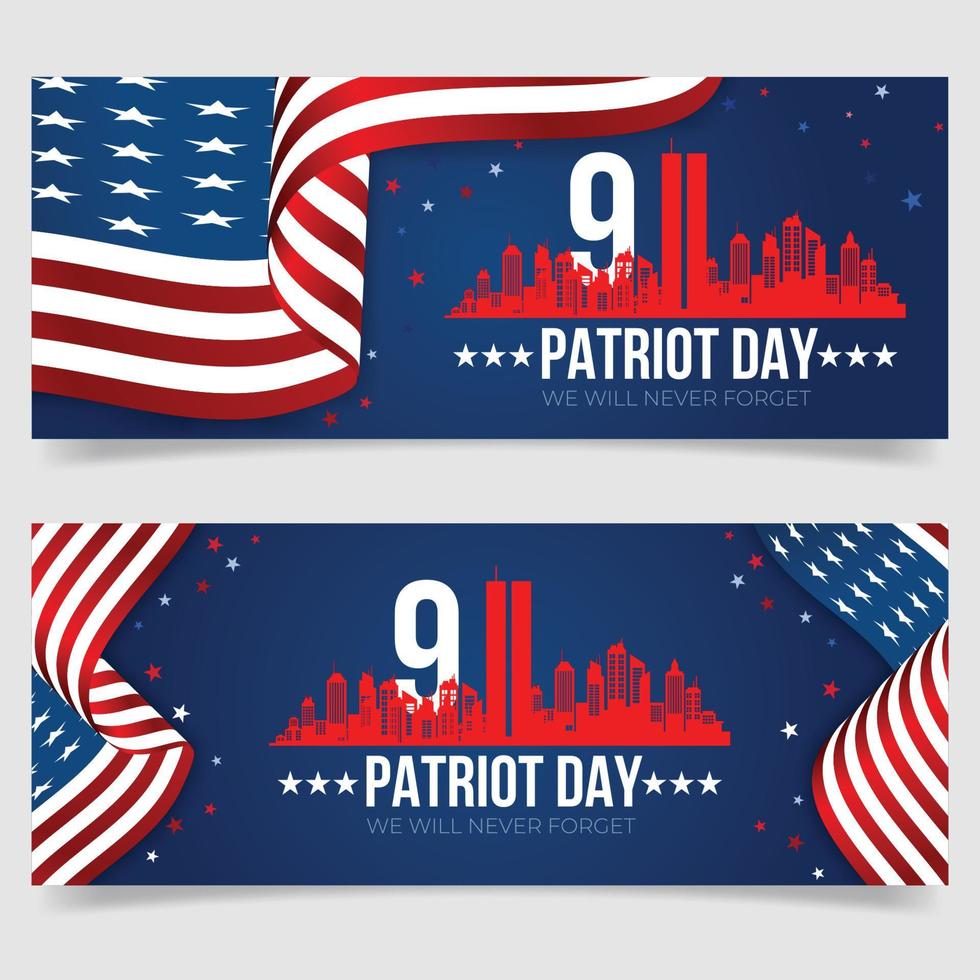 modèle de conception de bannière de vecteur avec drapeau américain et texte sur fond bleu foncé pour la journée des patriotes. affiche de vecteur. fête des patriotes, 11 septembre, nous n'oublierons jamais