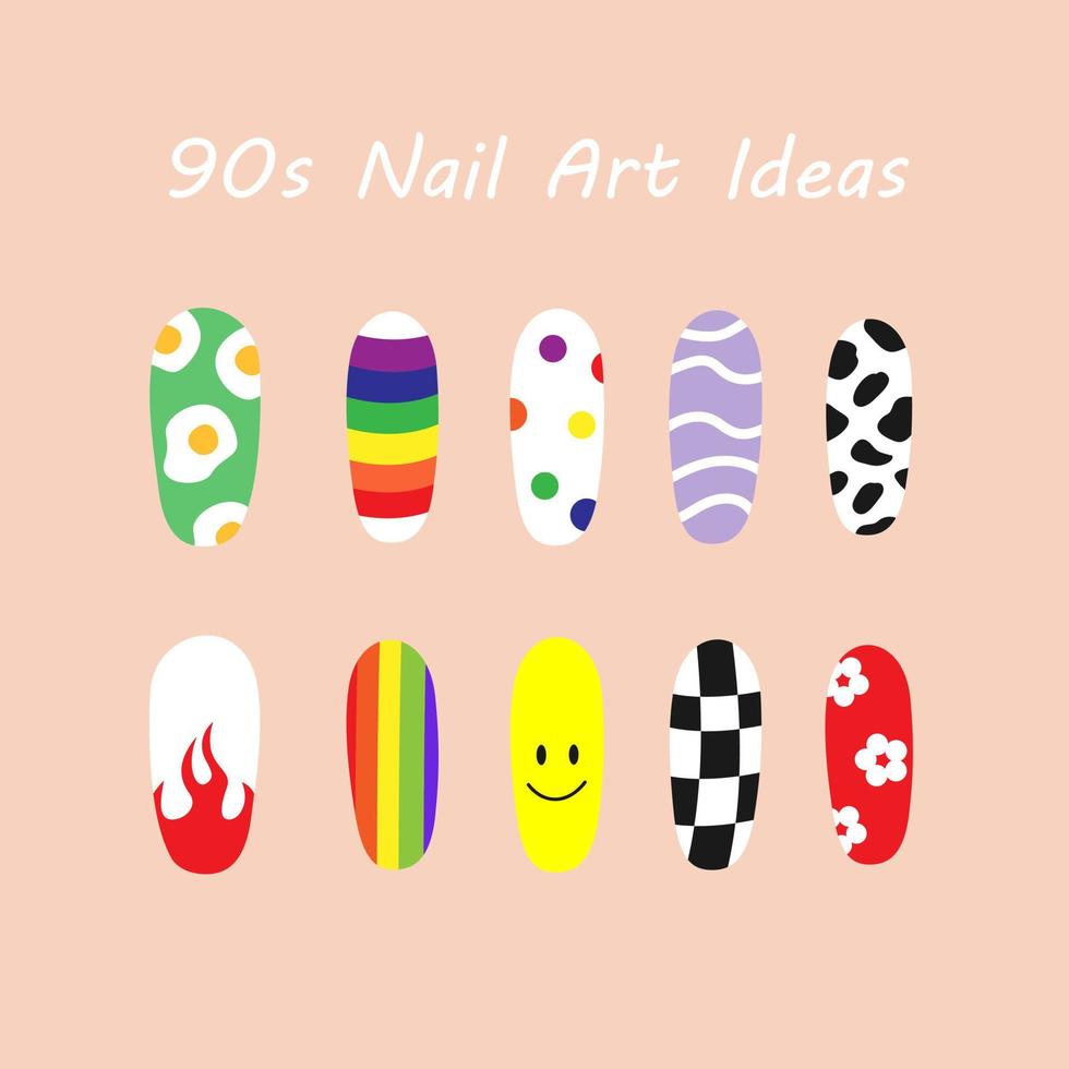 Manucure d'idées d'art d'ongle des années 90. ensemble de manucure aux couleurs vives vecteur
