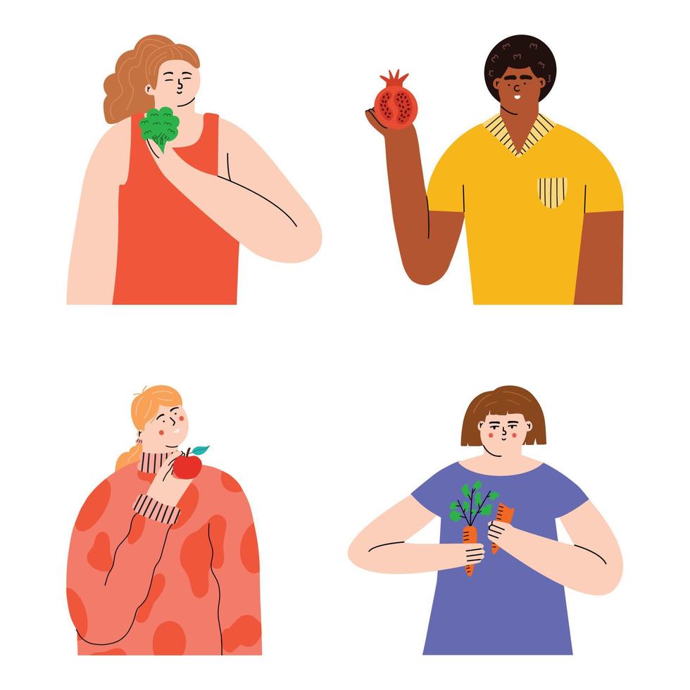 ensemble avec différentes personnes qui tiennent des fruits et légumes dans leurs mains. femmes et hommes mangeant des aliments sains et végétariens. diète. illustration vectorielle dans un style plat avec des gens vecteur