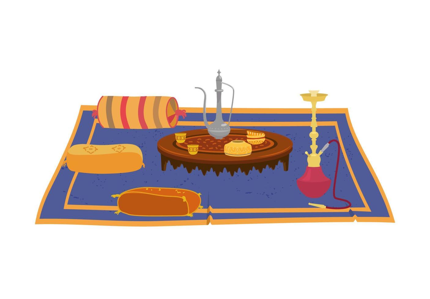 table basse ronde asiatique avec théière et narguilé sur tapis avec des coussins décoratifs colorés autour. meubles arabes traditionnels en bois. éléments intérieurs marocains. vecteur de dessin animé.