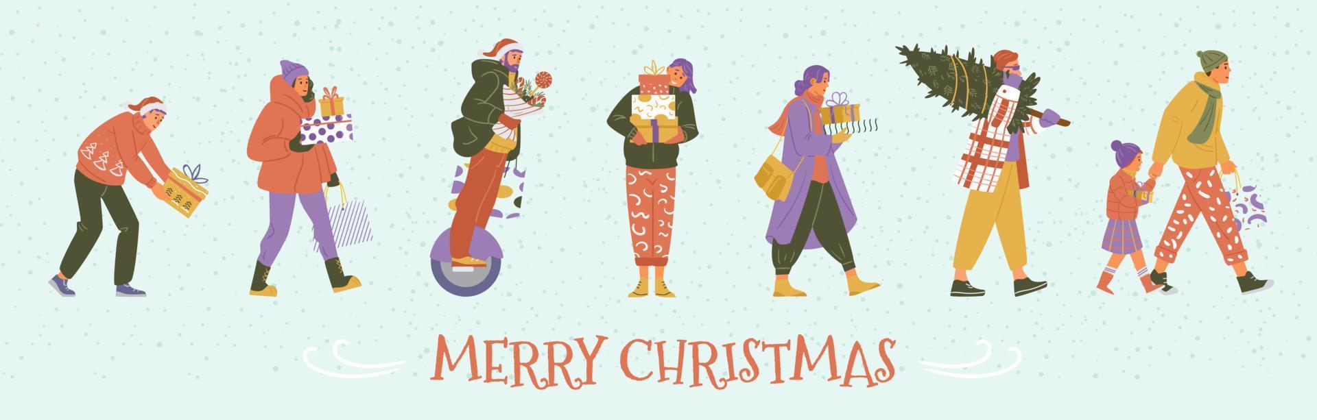joyeux noël bannière vectorielle horizontale avec des gens en vêtements d'hiver marchant avec des coffrets cadeaux. vecteur