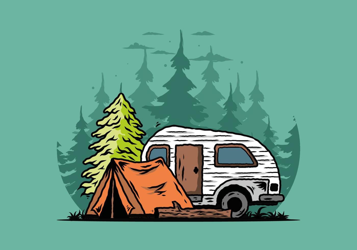 camping-car en forme de larme et tente devant une illustration de pin vecteur