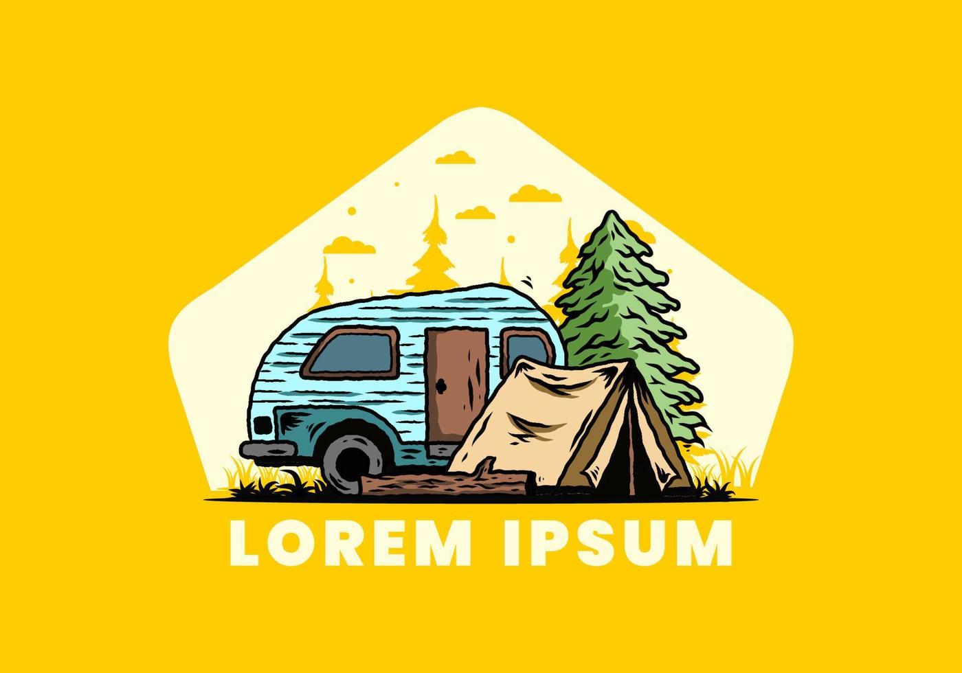 camping-car en forme de larme et tente devant une illustration de pin vecteur