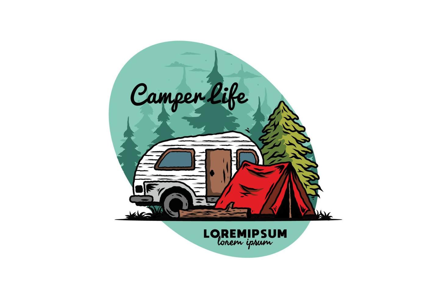 camping-car en forme de larme et tente devant une illustration de pin vecteur