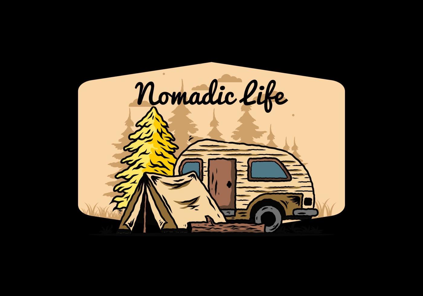 camping-car en forme de larme et tente devant une illustration de pin vecteur