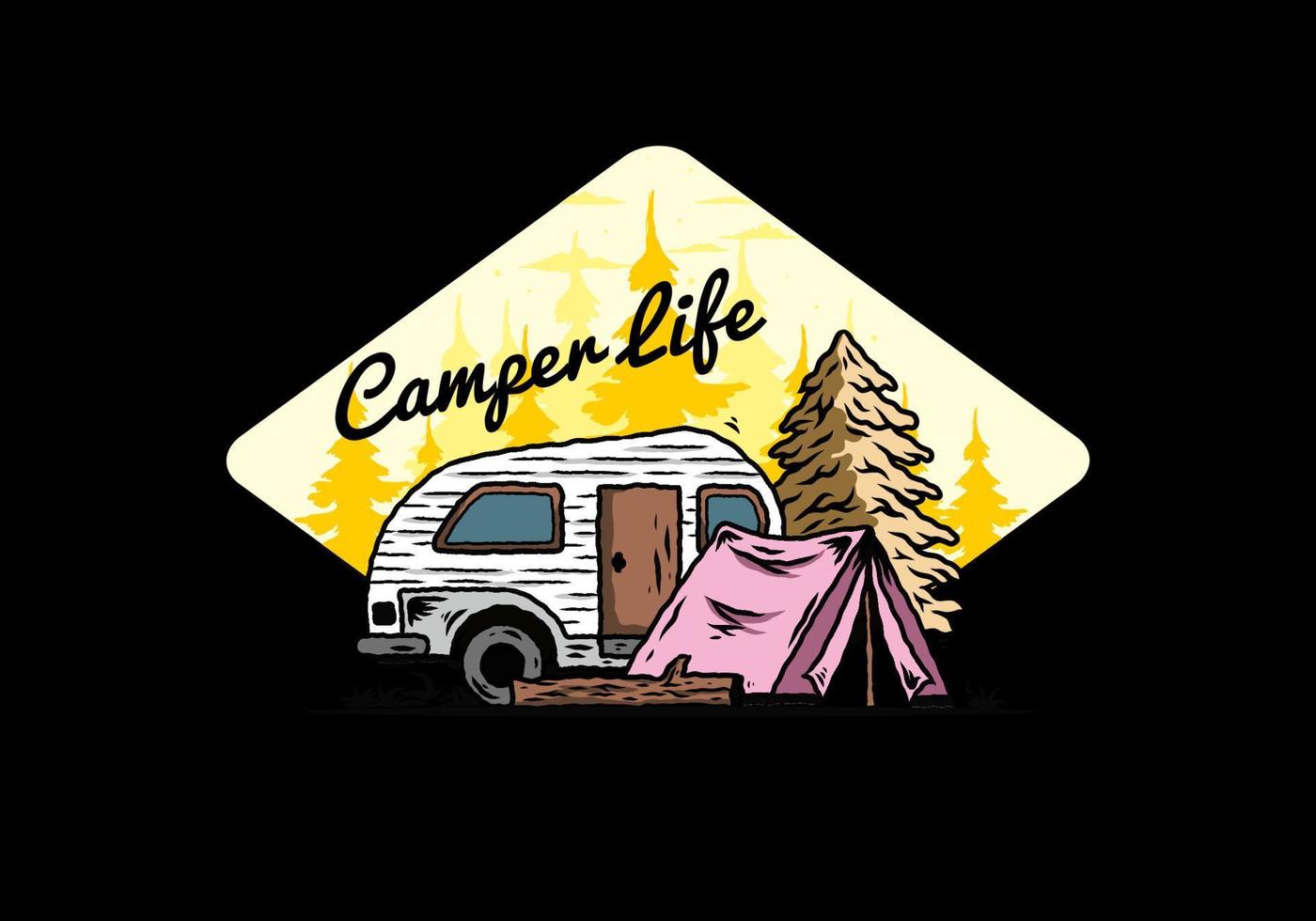 camping-car en forme de larme et tente devant une illustration de pin vecteur