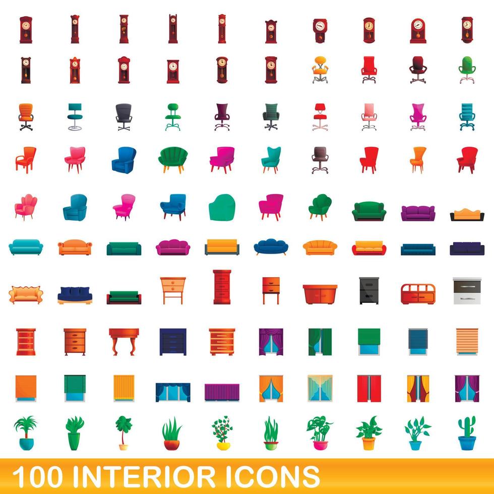 Ensemble de 100 icônes intérieures, style dessin animé vecteur