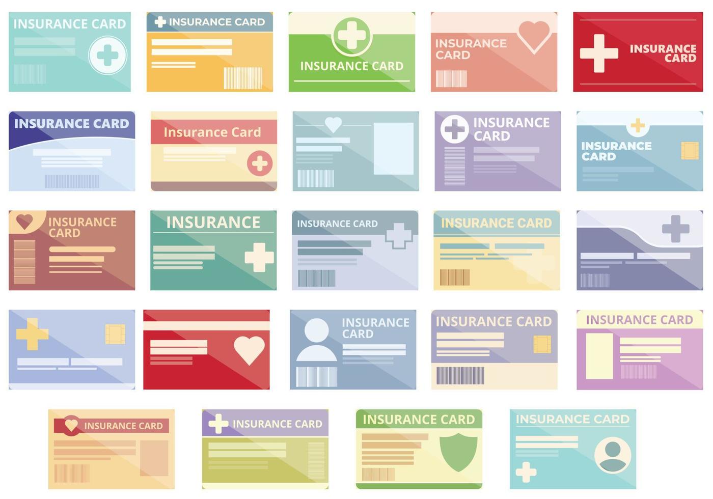 icônes de carte d'assurance définies vecteur de dessin animé. santé hospitalière