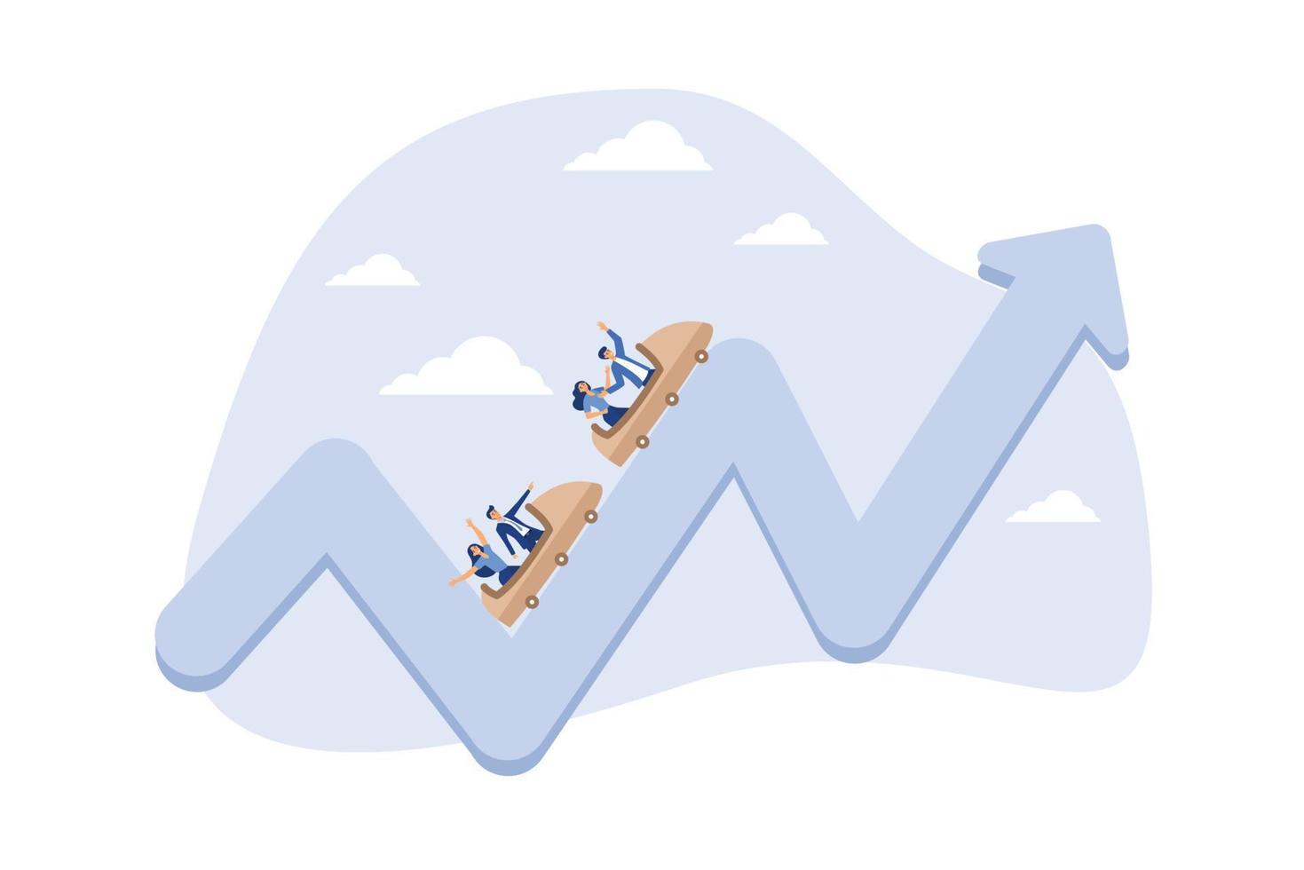 métaphore de la volatilité de l'investissement des montagnes russes, concept de fluctuation du marché boursier financier montant et descendant, investisseurs de personnes faisant des montagnes russes sur un graphique de marché fluctuant. vecteur