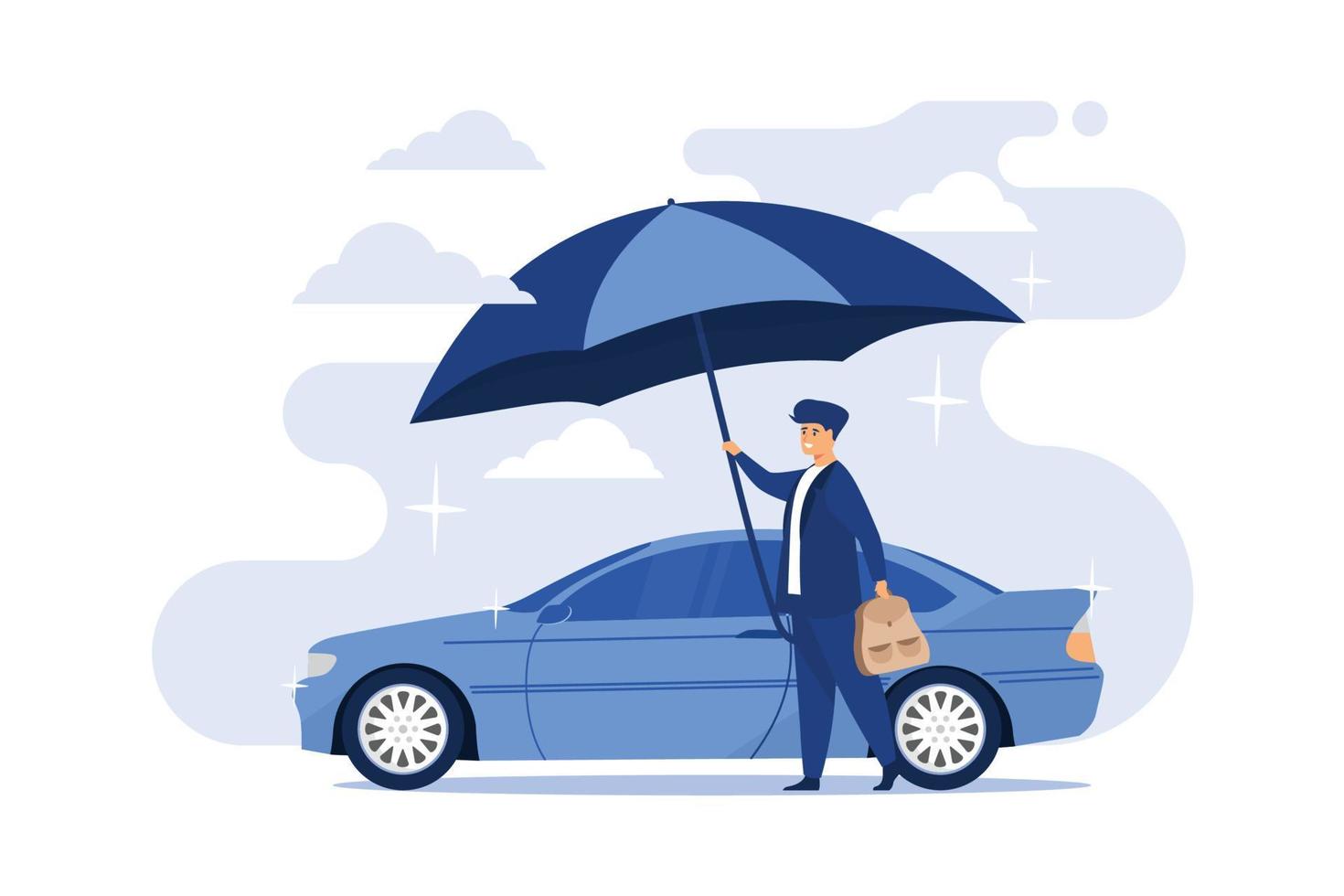 assurance automobile, protection contre les accidents pour véhicule, concept de service de sécurité ou d'assurance, propriétaire de voiture d'homme d'affaires ou agent d'assurance se tenant avec une nouvelle voiture sous un bouclier de protection parapluie solide. vecteur