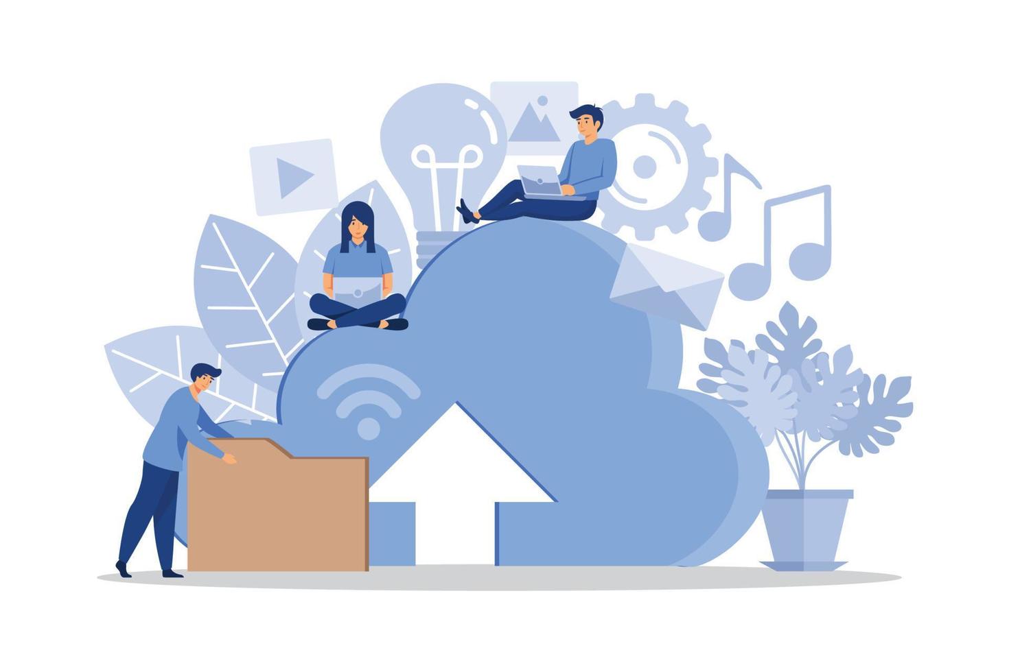 stockage de données dans le cloud, boutique en ligne sur le réseau sur le serveur, graphismes plats et élégants, les petites personnes travaillent avec le cloud. illustration moderne design plat vecteur