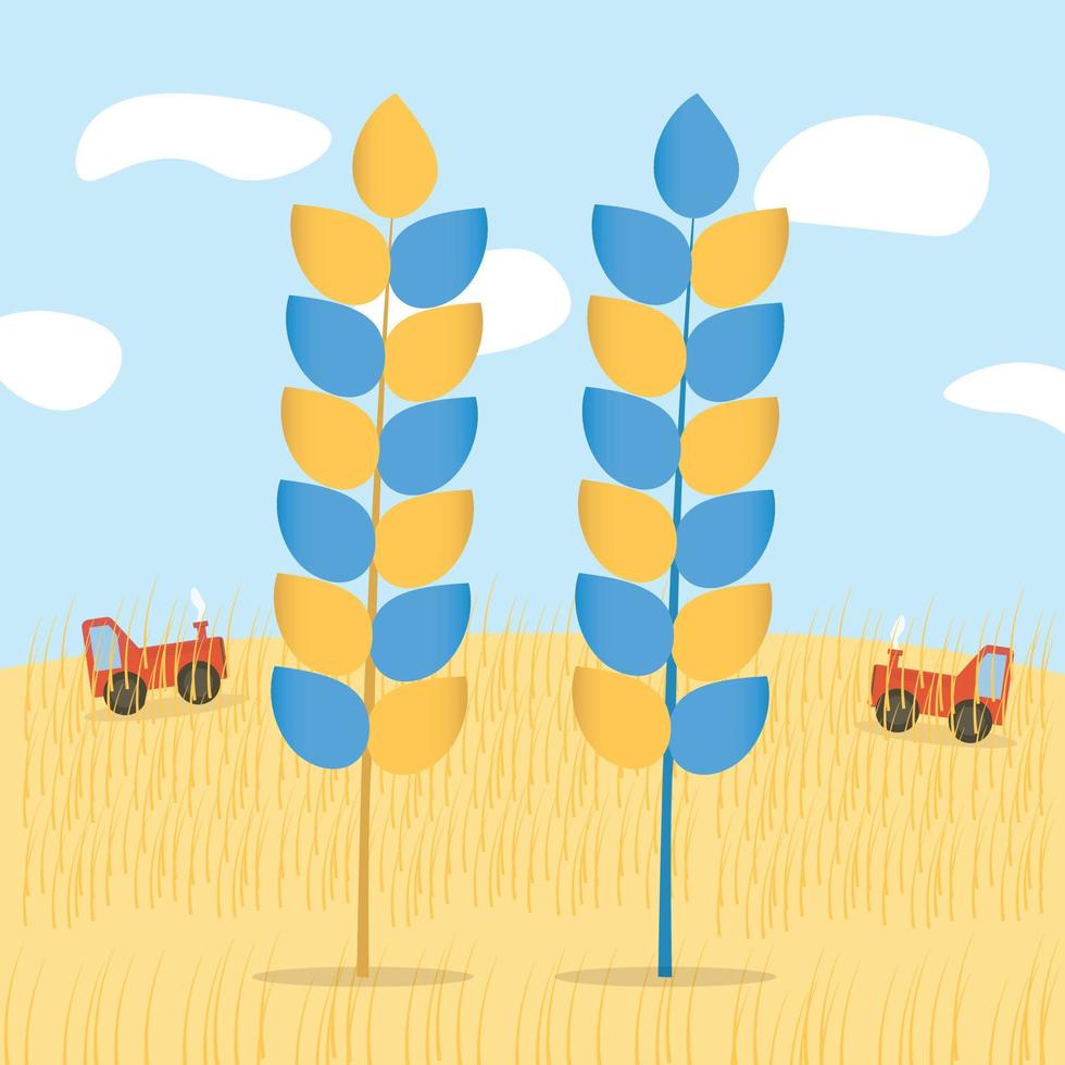 ukaine bleu et jaune oreilles d'icônes d'épillets de plantes de blé sur fond de nature avec des tracteurs. illustration vectorielle. vecteur